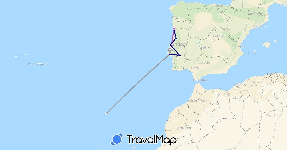 TravelMap itinerary: driving, plane, train in Portugal (Europe)